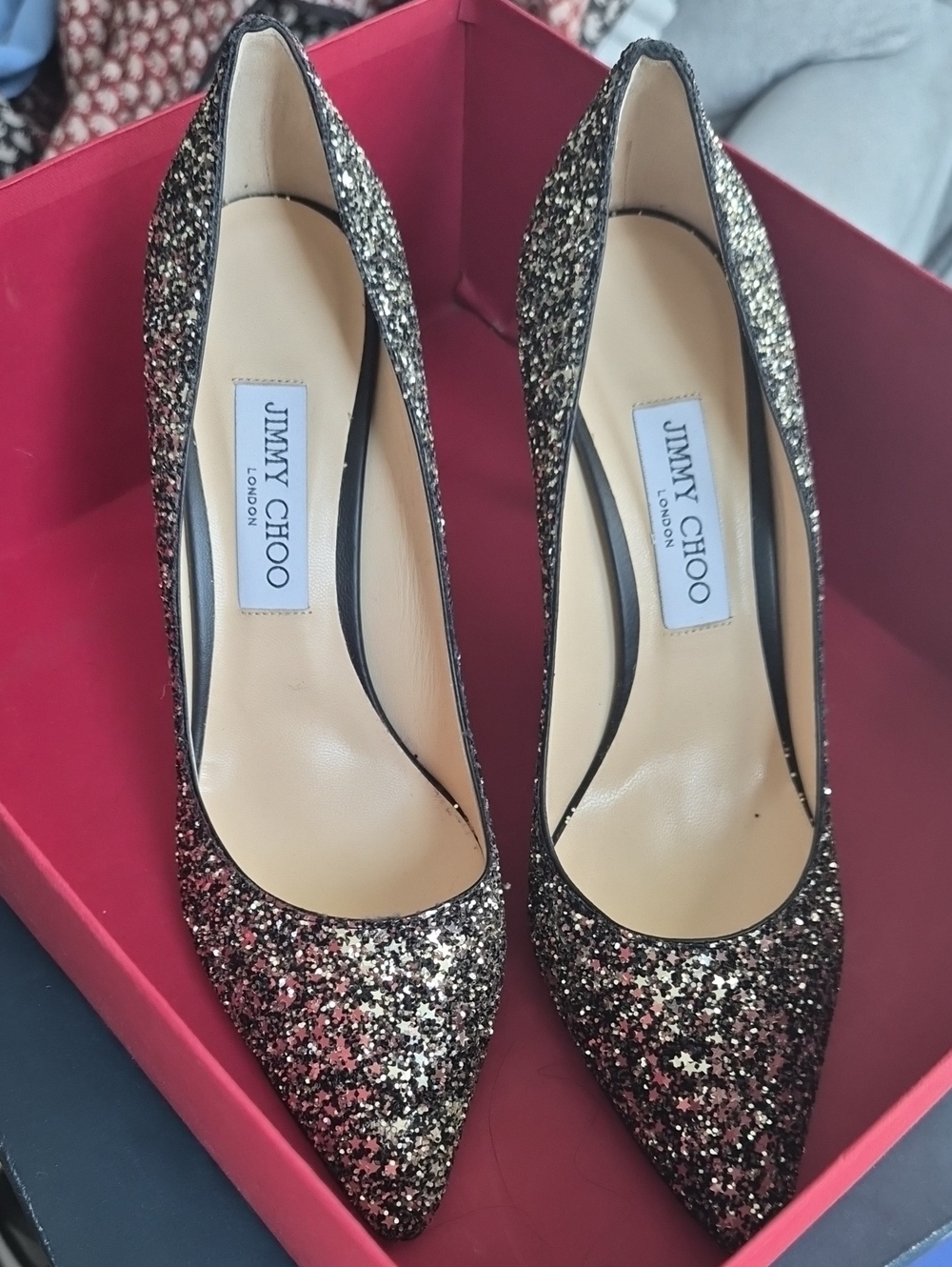 Jimmy Choo Black and Silver Glitter Pointed-Toe Pumps Brand Size 40, Fits Us 8